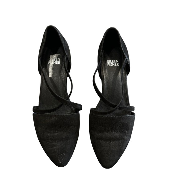 Eileen Fisher Black Suede Leather Criss Cross Strap Block Heel Pumps Size 7 - Picture 1 of 5